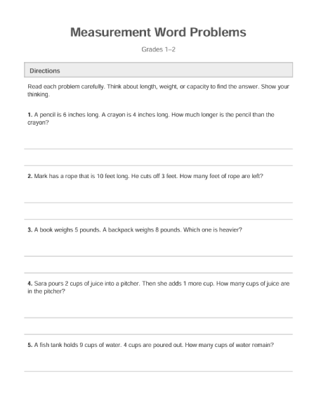 Free printable measurement word problems.