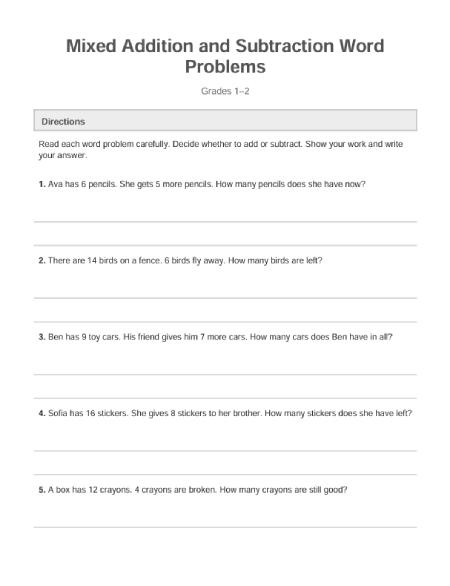 Free printable on mixed addition and subtraction word problems