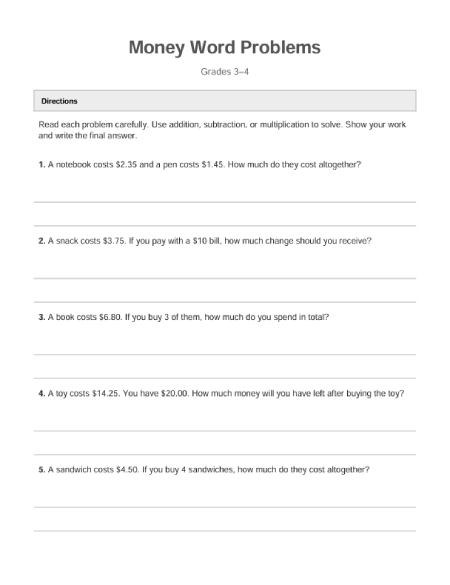 Money word problems worksheet