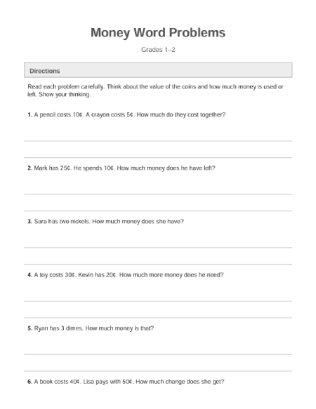 Free money word problems worksheets.