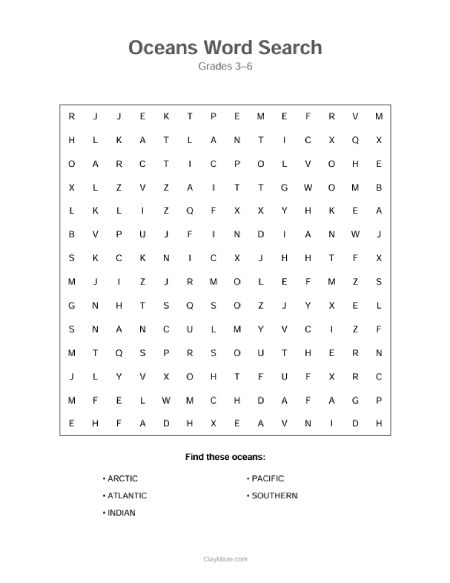 5 oceans word search worksheet