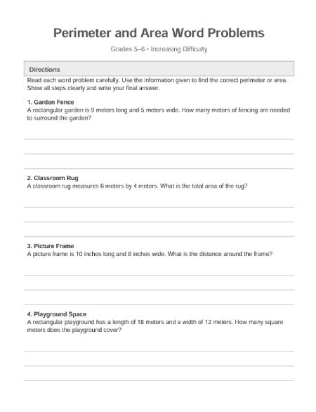 Free perimeter and area word problems