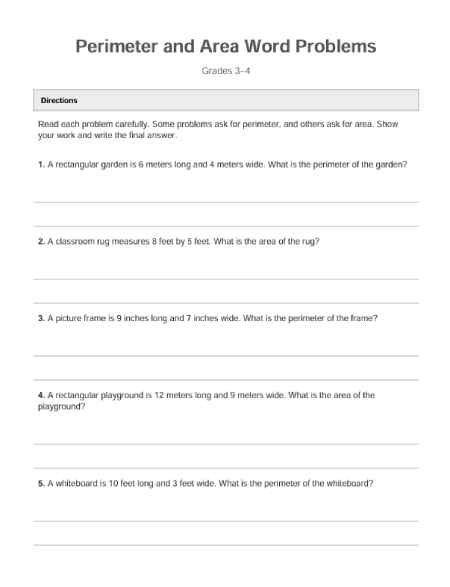 Perimeter and area word problems.