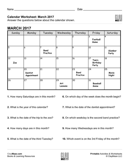 Reading A Calendar Worksheet B Childrens Educational Workbooks 