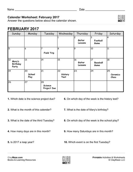 calendar worksheet