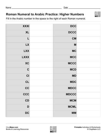 Roman Numerals To Arabic Numerals Higher Numbers Childrens Homeschool Books Workbooks Supplies And Free Worksheets