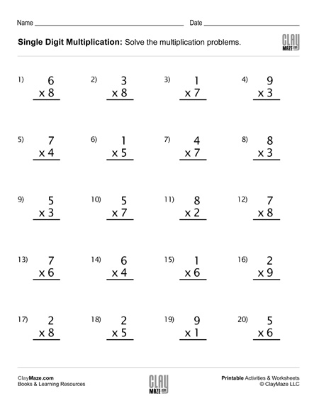 Single Digit Multiplication Worksheet (Set 3) – Childrens Educational