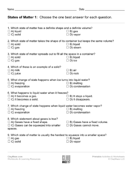 States of matter worksheet.
