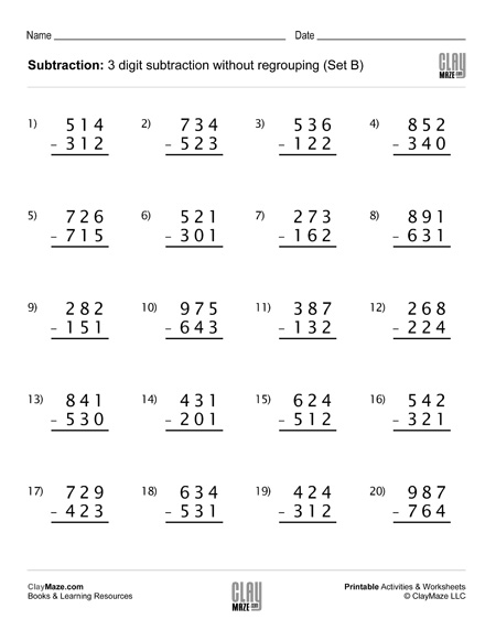 3 digit subtraction no regrouping