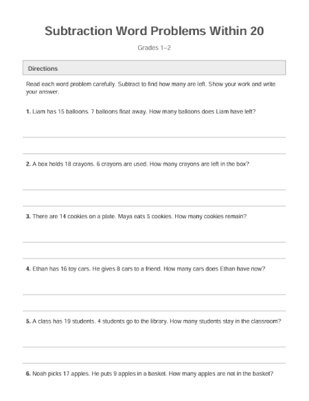 Free printable subtraction word problems