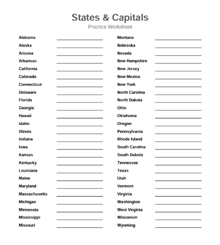 Free worksheet on matching the U.S. states to their capitals